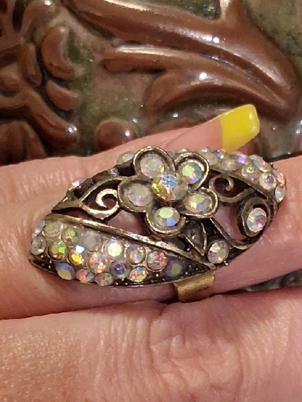 Aurora Crystal Flower Statement Ring - Vintage Gold Tone